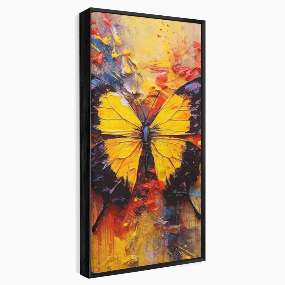 Tablou canvas cu pictura cu fluture galben, in rama de aluminiu negru